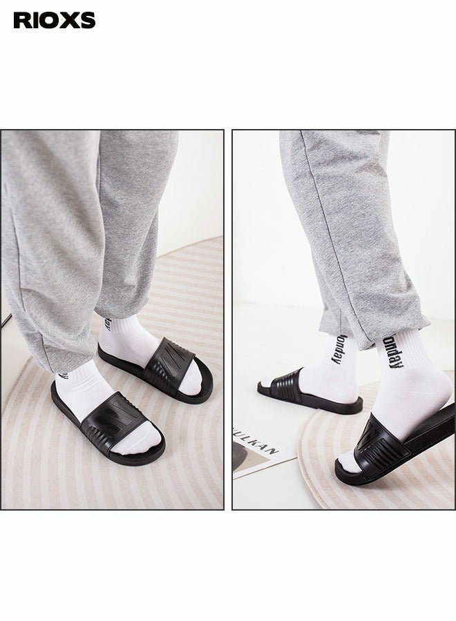 RIOXS Flat Slipper for Men and Women, Anti-slip Quick-Drying Shower Slippers, Open-toed Slide Shoes, Unisex Bath Slippers, Lightweight Comfort Slip Ons Slipper, House Slippers Slides for Bathroom/ Pool/ Beach/ Indoor/ Outdoor, Daily Wearing Slippers, Black Slides - Image 2